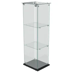 Vitrine d'exposition 3 niveaux avec porte simple et éclairage LED intégré, verre trempé, étagères noires, design moderne, Noir