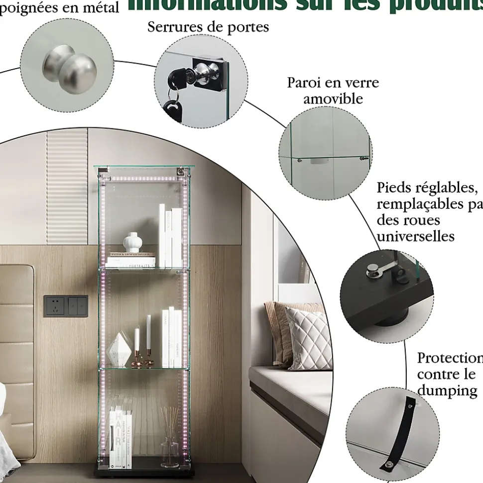 Vitrine d'exposition 3 niveaux avec porte simple et éclairage LED intégré, verre trempé, étagères noires, design moderne, Noir