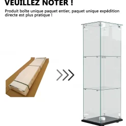 Vitrine d'exposition 1 porte à 3 niveaux, Verre trempé avec éclairage tactile, Design panoramique, Gain de place et élégant, Noir