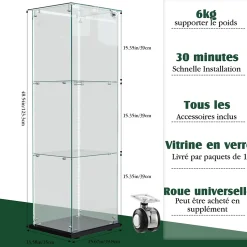 Vitrine d'exposition 1 porte à 3 niveaux, Verre trempé avec éclairage tactile, Design panoramique, Gain de place et élégant, Noir