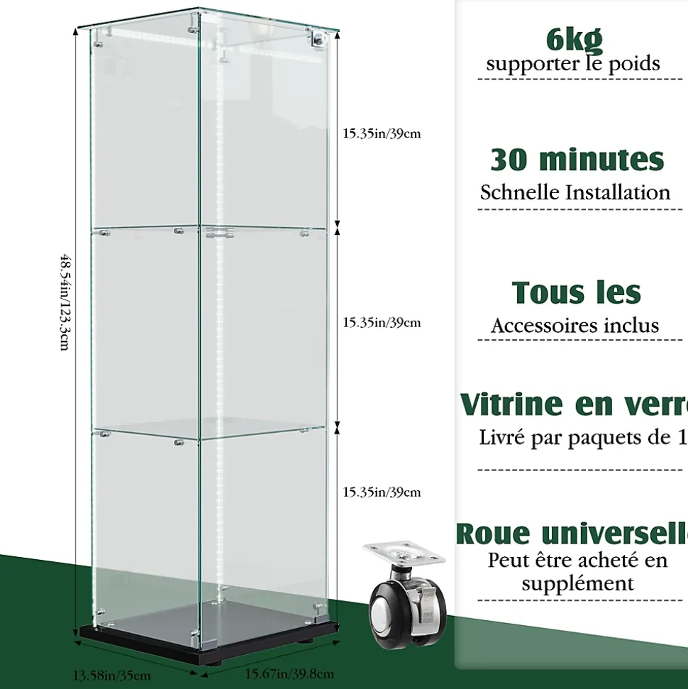 Vitrine d'exposition 1 porte à 3 niveaux, Verre trempé avec éclairage tactile, Design panoramique, Gain de place et élégant, Noir