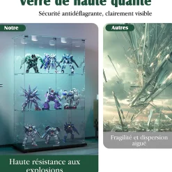 Vitrine d'exposition double porte 3 niveaux avec éclairage LED tactile, verre trempé, étagères noires, design moderne, Noir