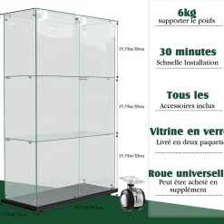 Vitrine d'exposition double porte 3 niveaux avec éclairage LED tactile, verre trempé, étagères noires, design moderne, Noir