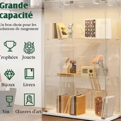 Vitrine d'exposition double porte 3 niveaux avec éclairage LED tactile, verre trempé, étagères blanches, design moderne, Blanc