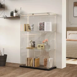 Vitrine D'exposition En Verre Avec LED, 3 Étagères, 2 Portes, Colonne, 35 X 78,5 X 123,3 Cm, Noir