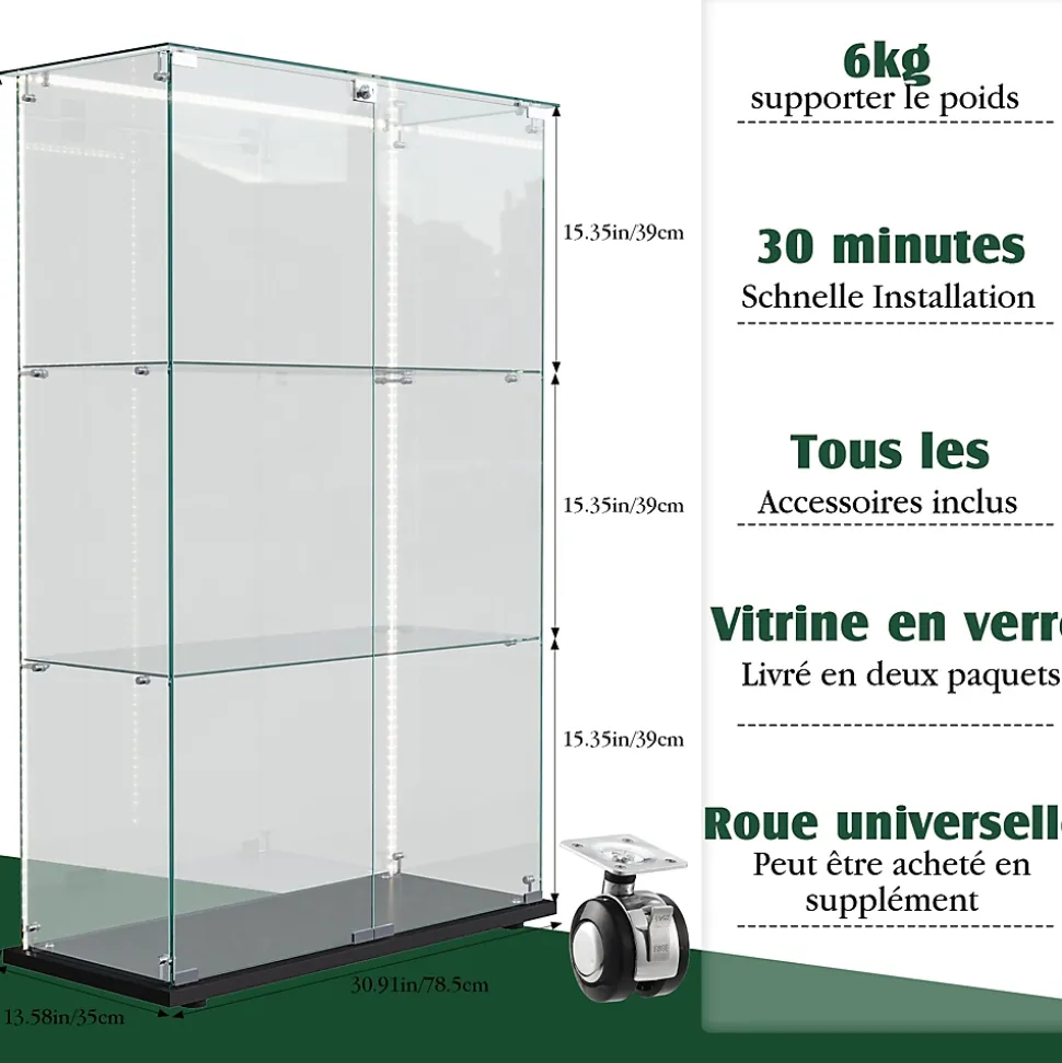 Vitrine D'exposition En Verre Avec LED, 3 Étagères, 2 Portes, Colonne, 35 X 78,5 X 123,3 Cm, Noir