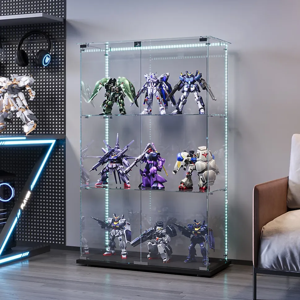 Vitrine D'exposition En Verre Avec LED, 3 Étagères, 2 Portes, Colonne, 35 X 78,5 X 123,3 Cm, Noir