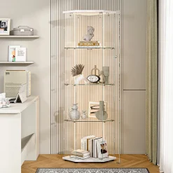 Vitrine d'exposition en verre 4 niveaux avec bande LED, Porte simple, Vitrine d'angle, Blanc