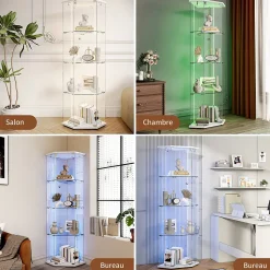 Vitrine d'exposition en verre 4 niveaux avec bande LED, Porte simple, Vitrine d'angle, Blanc