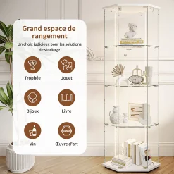 Vitrine d'exposition en verre 4 niveaux avec bande LED, Porte simple, Vitrine d'angle, Blanc
