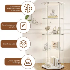 Vitrine d'exposition en verre 4 niveaux avec bande LED, Porte simple, Vitrine d'angle, Blanc