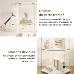 Vitrine d'exposition en verre 4 niveaux avec bande LED, Porte simple, Vitrine d'angle, Blanc