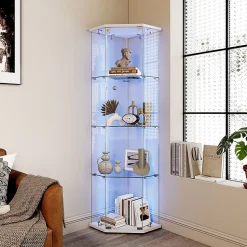 Vitrine d'exposition en verre 4 niveaux avec bande LED, Porte simple, Vitrine d'angle, Blanc