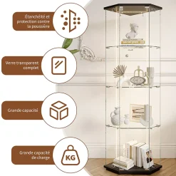 Vitrine d'exposition en verre 4 niveaux avec bande LED, Porte simple, Vitrine d'angle, Noir