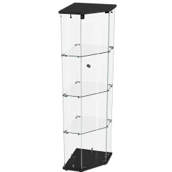 Vitrine d'exposition en verre 4 niveaux avec bande LED, Porte simple, Vitrine d'angle, Noir