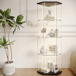 Vitrine d'exposition en verre 4 niveaux avec bande LED, Porte simple, Vitrine d'angle, Noir