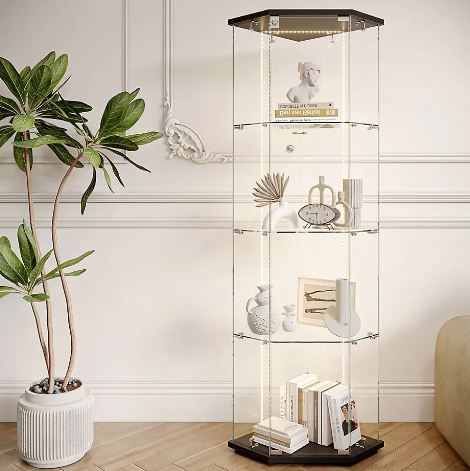 Vitrine d'exposition en verre 4 niveaux avec bande LED, Porte simple, Vitrine d'angle, Noir