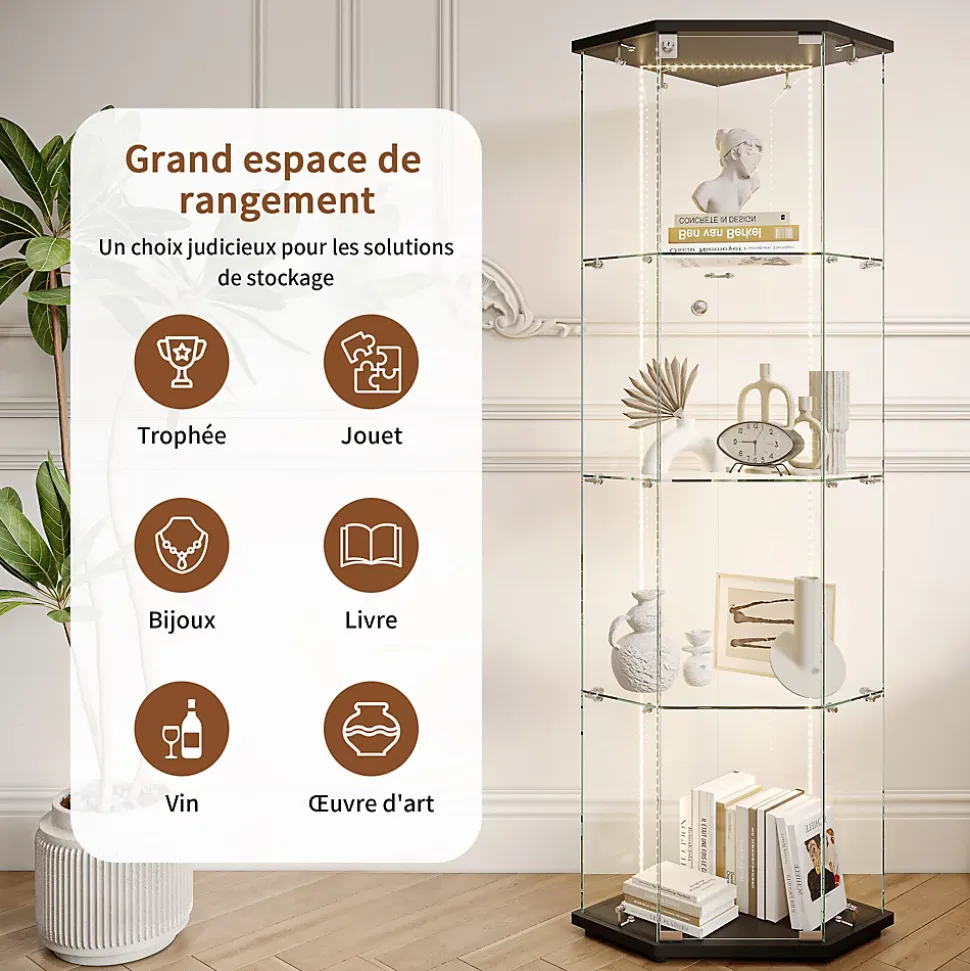 Vitrine d'exposition en verre 4 niveaux avec bande LED, Porte simple, Vitrine d'angle, Noir