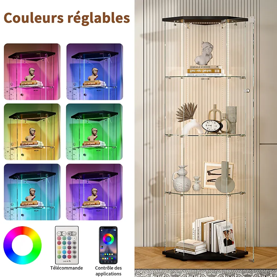 Vitrine d'exposition en verre 4 niveaux avec bande LED, Porte simple, Vitrine d'angle, Noir