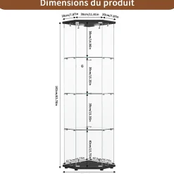 Vitrine d'exposition, Vitrine d'angle en verre 4 niveaux avec éclairage tactile, Porte simple, Noir