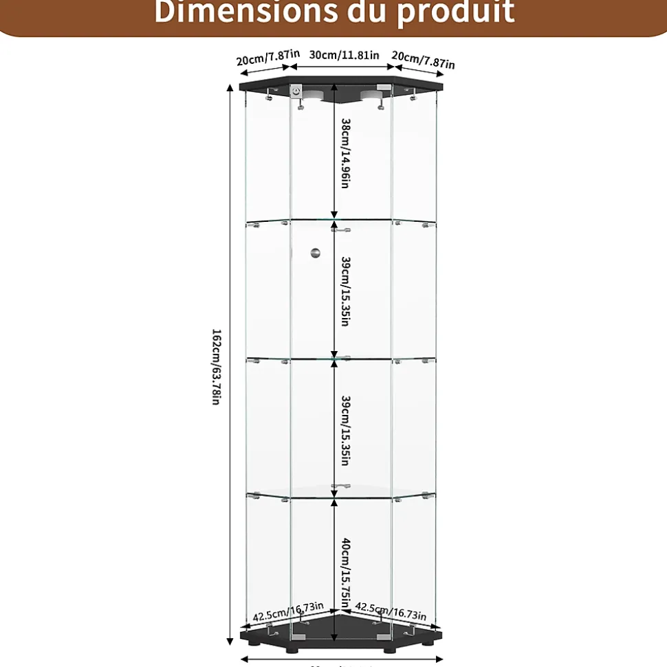 Vitrine d'exposition, Vitrine d'angle en verre 4 niveaux avec éclairage tactile, Porte simple, Noir