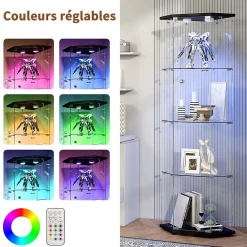 Vitrine d'exposition, Vitrine d'angle en verre 4 niveaux avec éclairage tactile, Porte simple, Noir