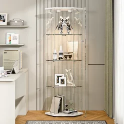 Vitrine d'exposition, Vitrine d'angle en verre 4 niveaux avec éclairage tactile, Porte simple, Blanc
