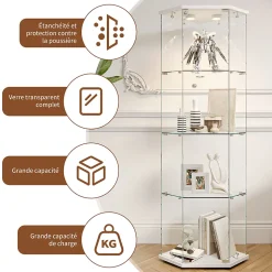 Vitrine d'exposition, Vitrine d'angle en verre 4 niveaux avec éclairage tactile, Porte simple, Blanc