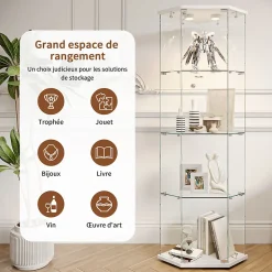 Vitrine d'exposition, Vitrine d'angle en verre 4 niveaux avec éclairage tactile, Porte simple, Blanc