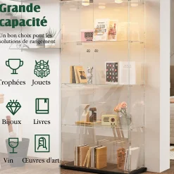 Vitrine double porte 4 étagères avec éclairage LED ou lampes tactiles, Design moderne, verre trempé et vue panoramique 360