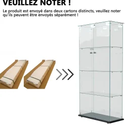 Vitrine double porte 4 étagères avec éclairage LED ou lampes tactiles, Design moderne, verre trempé et vue panoramique 360