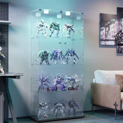 Vitrine double porte 4 étagères avec éclairage LED ou lampes tactiles, Design moderne, verre trempé et vue panoramique 360