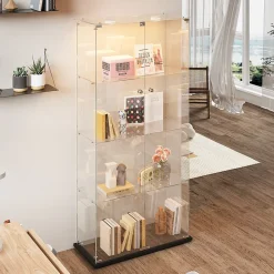 Vitrine double porte 4 étagères avec éclairage LED ou lampes tactiles, Design moderne, verre trempé et vue panoramique 360