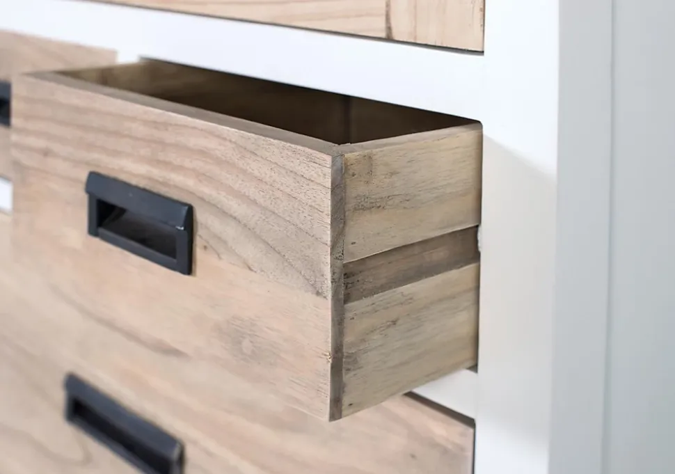 Vitrine en bois de mindi massif avec 3 tiroirs et porte vitrée