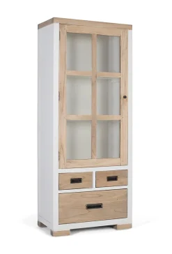 Vitrine en bois de mindi massif avec 3 tiroirs et porte vitrée