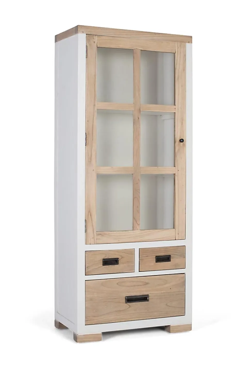 Vitrine en bois de mindi massif avec 3 tiroirs et porte vitrée
