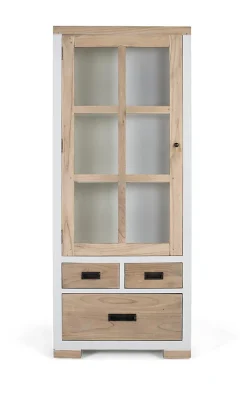 Vitrine en bois de mindi massif avec 3 tiroirs et porte vitrée