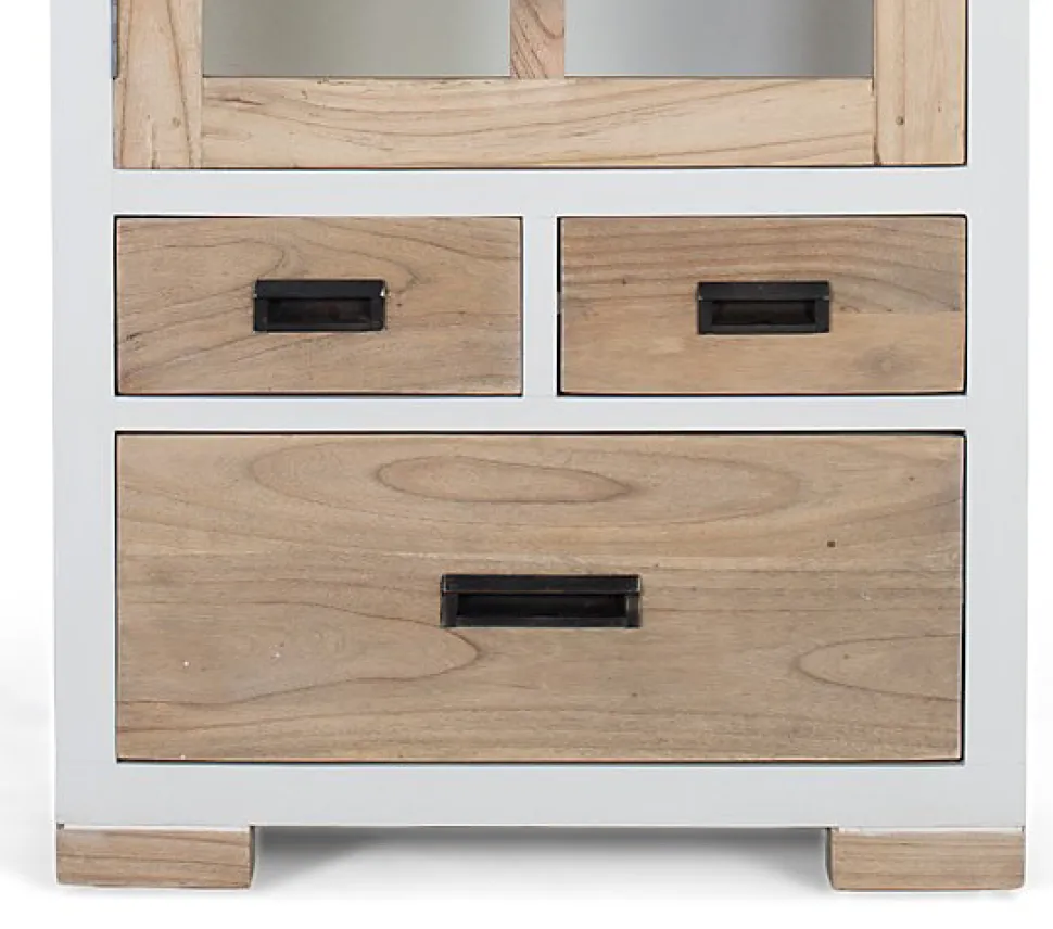 Vitrine en bois de mindi massif avec 3 tiroirs et porte vitrée
