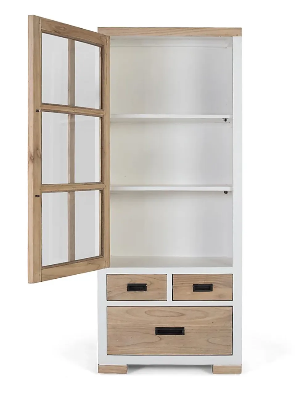 Vitrine en bois de mindi massif avec 3 tiroirs et porte vitrée