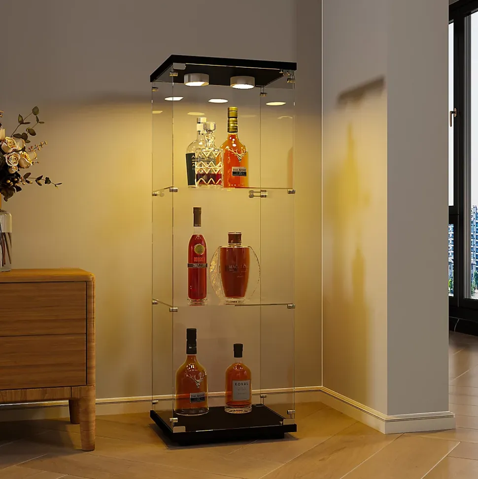 Vitrine en Verre - 3 étagères - Avec LEDs, lumière et serrure, noir