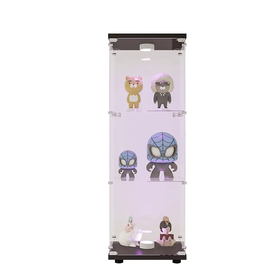 Vitrine en Verre - 3 étagères - Avec LEDs, lumière et serrure, noir