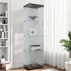 Vitrine en verre à 4 étagères avec porte, bibliothèque sur pied pour salon, chambre à coucher, bureau, verre trempé, noire