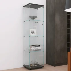 Vitrine en verre à 4 étagères avec porte, bibliothèque sur pied pour salon, chambre à coucher, bureau, verre trempé, noire