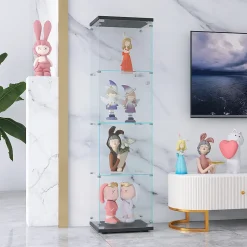Vitrine en verre à 4 étagères avec porte, bibliothèque sur pied pour salon, chambre à coucher, bureau, verre trempé, noire