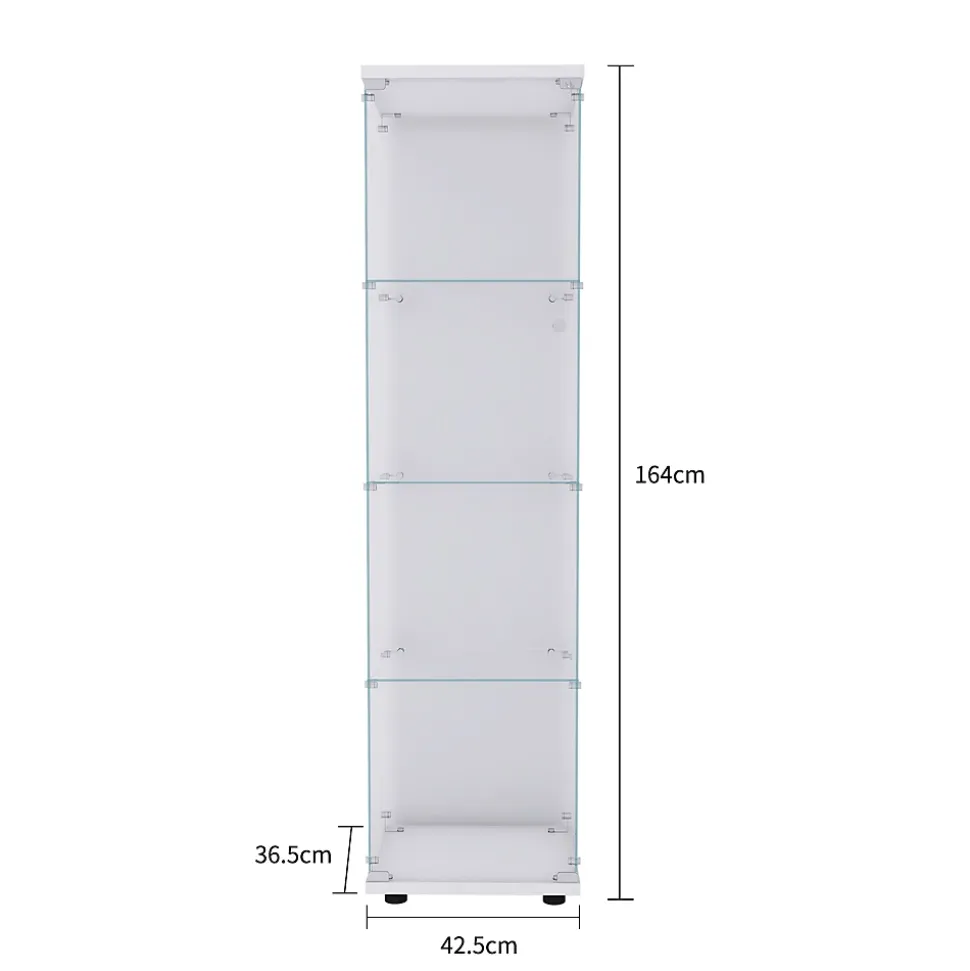 Vitrine en verre 164 cm, 1 porte avec serrure, 4 étagères, armoire sur pied pour chambre ou salon, blanc
