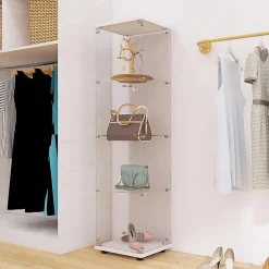 Vitrine en verre 164 cm, 1 porte avec serrure, 4 étagères, armoire sur pied pour chambre ou salon, blanc