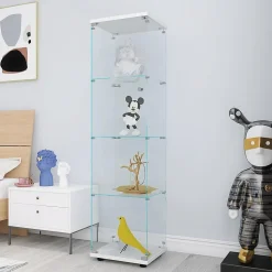 Vitrine en verre 164 cm, 1 porte avec serrure, 4 étagères, armoire sur pied pour chambre ou salon, blanc
