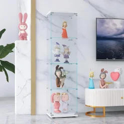 Vitrine en verre 164 cm, 1 porte avec serrure, 4 étagères, armoire sur pied pour chambre ou salon, blanc