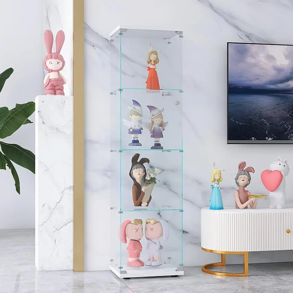 Vitrine en verre 164 cm, 1 porte avec serrure, 4 étagères, armoire sur pied pour chambre ou salon, blanc