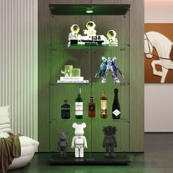 Vitrine en verre à deux portes avec éclairage LED et 4 étagères, étagère sur pied pour salon, chambre à coucher, bureau, noir